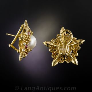 Pearl, Ruby and Diamond Star Earrings