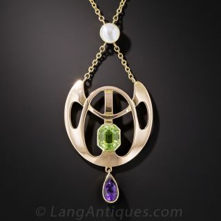 Peridot, Amethyst and Pearl Suffragette Necklace