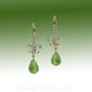 Peridot and Diamond Fleur de Lys Drop Earrings