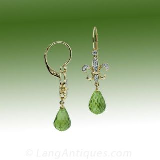 Peridot and Diamond Fleur de Lys Drop Earrings