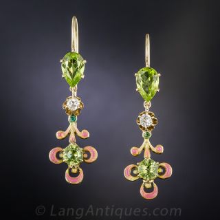 Peridot, Diamond and Enamel Drop Earrings