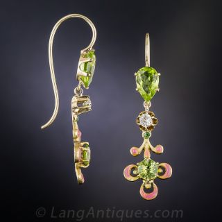 Peridot, Diamond and Enamel Drop Earrings