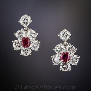 Petite Platinum Ruby and Diamond Flower Earrings