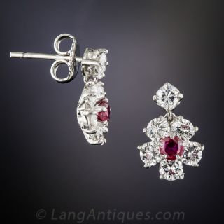 Petite Platinum Ruby and Diamond Flower Earrings