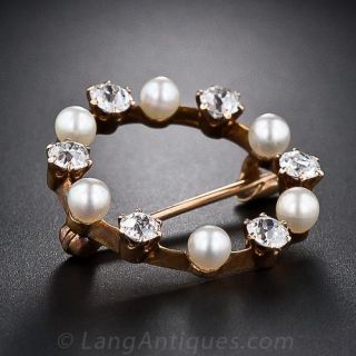 Petite Antique Diamond and Natural Pearl Circle Pin