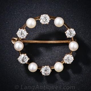 Petite Antique Diamond and Natural Pearl Circle Pin