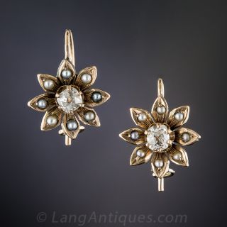 Petite Antique Diamond and Pearl Flower Earrings
