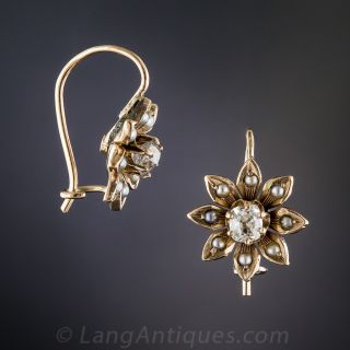 Petite Antique Diamond and Pearl Flower Earrings