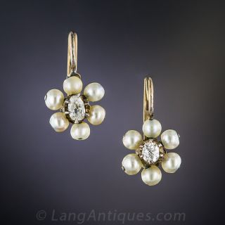 Petite Antique Pearl with Diamond Flower Earrings
