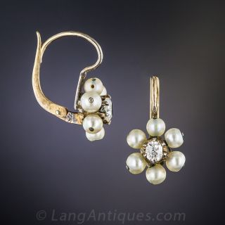 Petite Antique Pearl with Diamond Flower Earrings