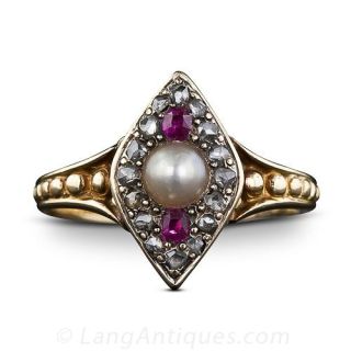 Petite Antique Ruby, Pearl and Diamond Ring