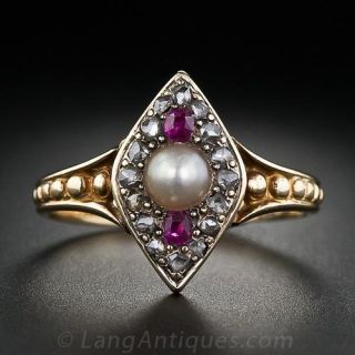 Petite Antique Ruby, Pearl and Diamond Ring