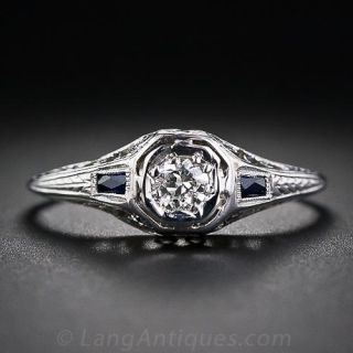 Petite Art Deco Diamond and Sapphire Engagement Ring