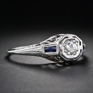 Petite Art Deco Diamond and Sapphire Engagement Ring