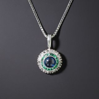 Petite Art Deco Sapphire, Emerald, Diamond Pendant - 1