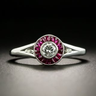 Petite Art Deco-Style .18 Carat Diamond and Ruby Halo Ring - 1