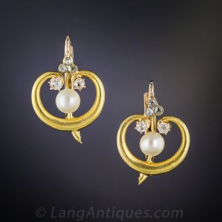 Petite Art Nouveau Pearl with Diamond Earrings