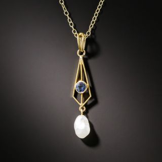 Petite Arts & Crafts Sapphire and Pearl Pendant - 2