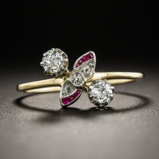 Petite Edwardian Diamond Calibre Synthetic Ruby Ring  - 1