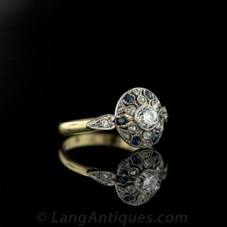 Petite Edwardian Platinum and Gold Diamond and Sapphire Ring