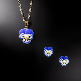 Petite Enamel Pansy Pendant and Earring Set by Larter - 2