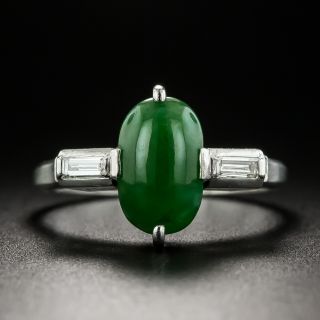 Petite Natural Burmese Jade and Baguette Diamond Ring - 1