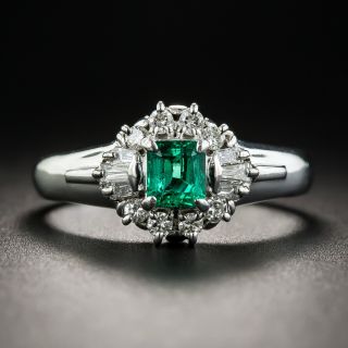 Petite Platinum Emerald and Diamond Ring - 1