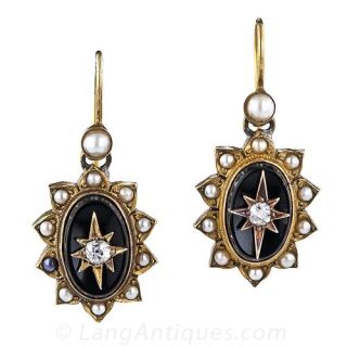 Petite Victorian Onyx, Diamond and Pearl Earrings 