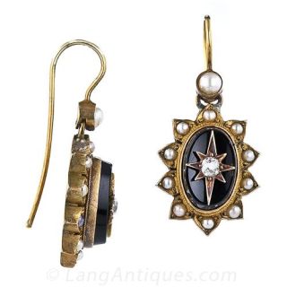 Petite Victorian Onyx, Diamond and Pearl Earrings 