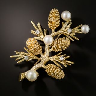 Pinecone Branch Brooch with Pearl and Diamond Accents - 1