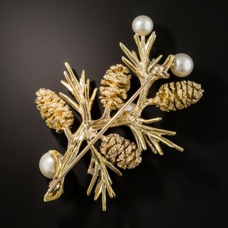 Pinecone Branch Brooch with Pearl and Diamond Accents
