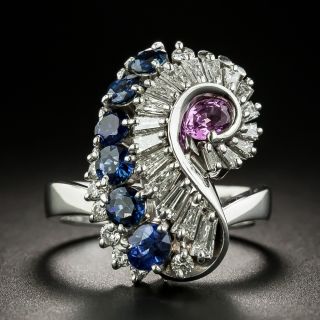 Pink And Blue Sapphire and Diamond Swirl Ring - 1