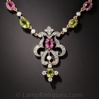 Pink and Green Tourmaline and Diamond Antique Necklace