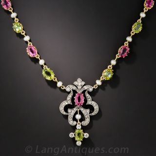 Pink and Green Tourmaline and Diamond Antique Necklace
