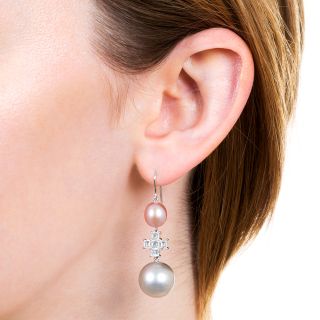 Pink and Silver Pearl with Diamond Drop Earrings 