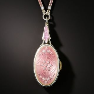 Pink and White Guilloche Enameled Pendant Watch and Chain
