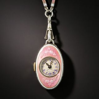Pink and White Guilloche Enameled Pendant Watch and Chain