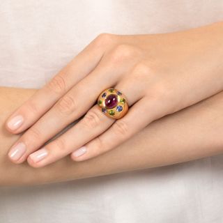 Pink Tourmaline, Peridot and Tanzanite Bombe Ring