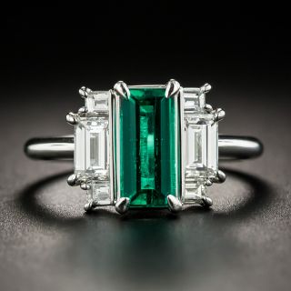 Platinum 1.04 Ct. Long Emerald-Cut Emerald Baguette Diamond Ring - 2