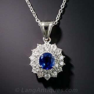 Platinum 1.47 Carat Sapphire and  Diamond Pendant Necklace