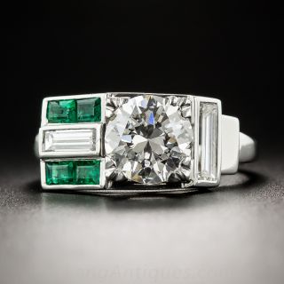 Platinum 1.51 Carat Diamond and  Emerald Art Deco Ring - GIA  H VS1