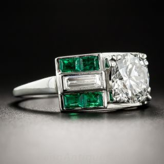 Platinum 1.51 Carat Diamond and  Emerald Art Deco Ring - GIA  H VS1