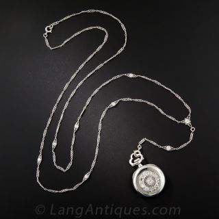 Platinum and Diamond Art Deco Pendant Watch Necklace by Meylan 