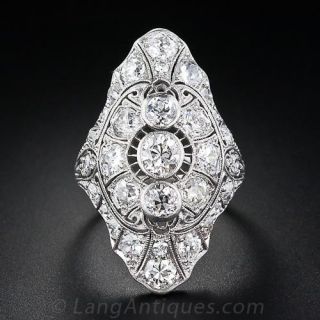 Platinum and  Diamond Elongated Edwardian Dinner Ring
