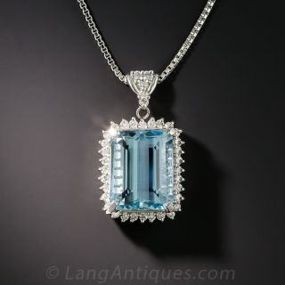 Platinum Aquamarine and Diamond Pendant Necklace