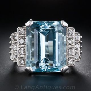 Platinum Aquamarine and Diamond Retro Ring