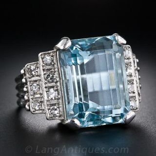 Platinum Aquamarine and Diamond Retro Ring