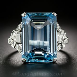  Platinum Art Deco Aquamarine and Diamond Ring