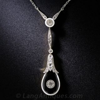 Platinum Art Deco Diamond and Onyx Drop Necklace