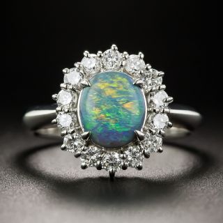 Platinum Black Opal and Diamond Halo Ring